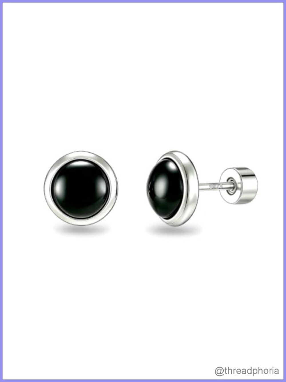 Natural Black Onyx Stud Earrings Flat Back 925 Silver Hypoallergenic